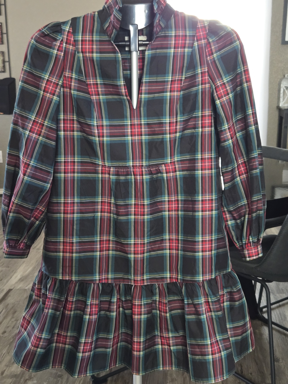 TUCKERNUCK Red & Green Plaid Ruffle-Neck Tiered Mini Dress Size XXS